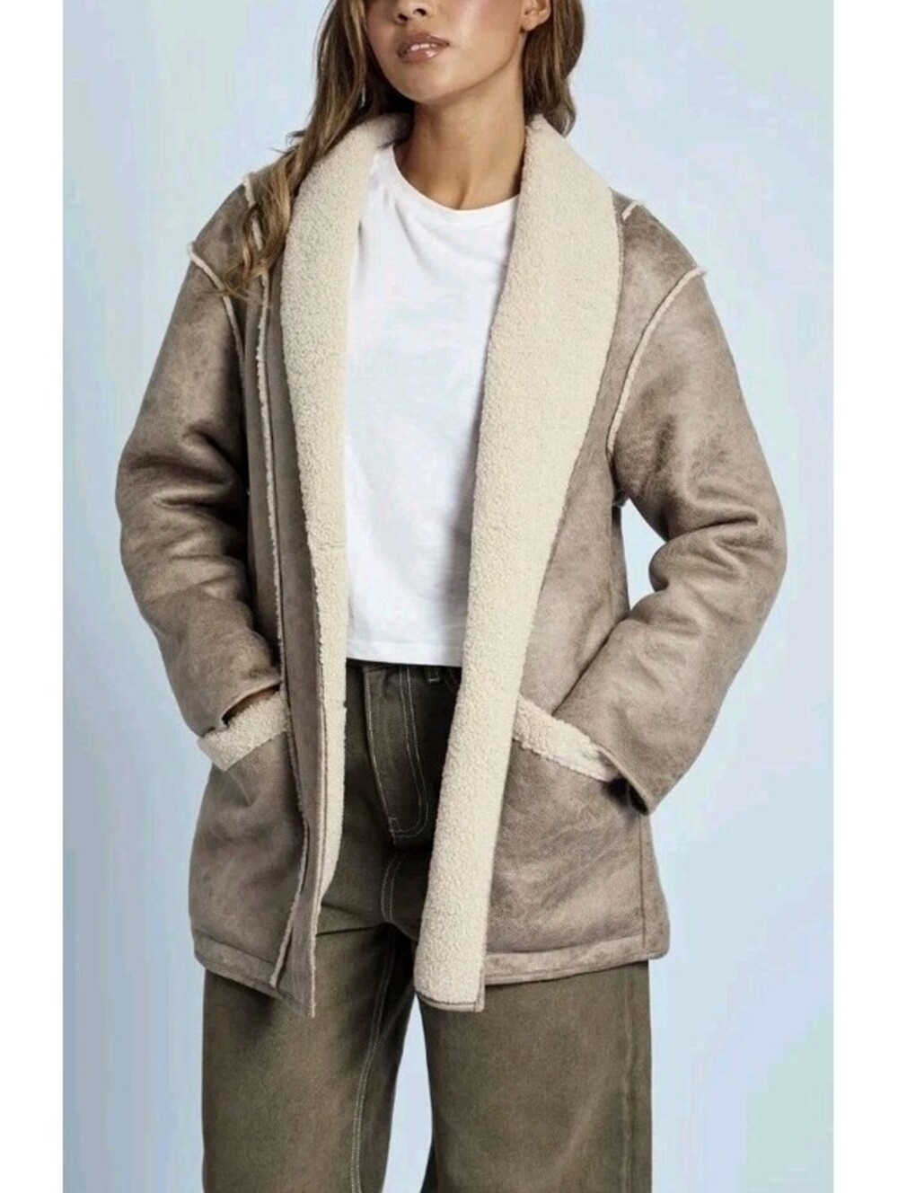 Native Youth Claine Distressed Taupe Faux Suede Shearling Coat Women's Sz L NWT